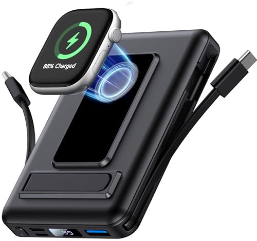 Vexnara para Magsafe Powerbank, 10000mAh Magnético Bateria Externa Carga Rapida, Inalámbrica Bateria Portatil con Cables, Bracket y Pantalla LED para iPhone 17-12 Series et Apple Watch Series(Negro)