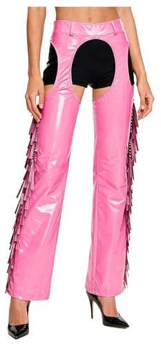 Freebily Unisex Mens Womens Leather Cowboy Cowgirl Chaps Pants Hollow Out Trousers Costume Carnivals Pink M