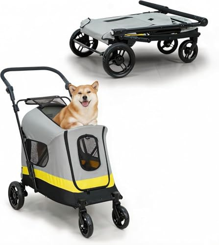 BingoPaw Carro Perro Pequeño Mediano: Carrito para Perros Paseo Plegable Cochecito para Perros con Ruedas Amortiguadora con Frenos Puertas Frontal y Trasera, 102x62x73cm