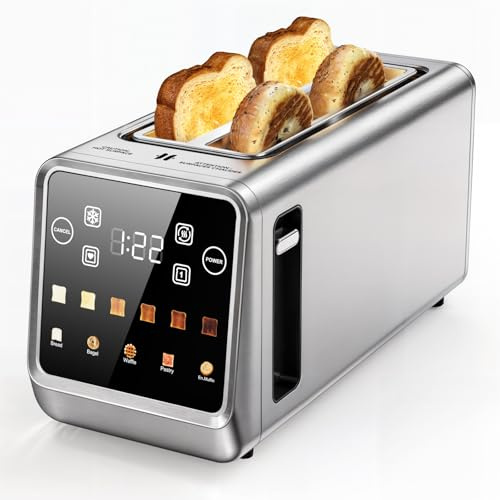 Toaster 4 Slice Long Slot for Thick Bread with Touch Screen Control Panel and Countdown Timer Display