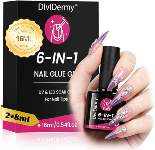 2X8ml Colla Unghie UV Gel 6 in 1 Professionale, Colla per Unghie Finte Extra Forte e Trasparente, 2X8ml Gel Glue Nails UV per Ricostruzione, Nail Glue Gel UV a Lunga Durata