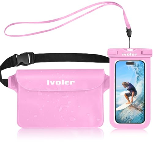 ivoler Set de Bolsa Waterproof con Riñonera Impermeable Bolsa Cintura y Funda Móvil Impermeable para Playa Natación Canotaje Pesca, Protección Teléfono Móvil, Cámara, Documento, Pasaporte, Rosa Pastel
