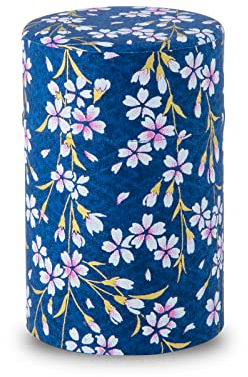 Scatola di latta per tè giapponese (carta Yuzen Washi), 99.2 g, con coperchio interno ermetico e a prova di umidità, barattolo da cucina per caffè a foglia sfusa (Sakura of Kyoto/Navy )