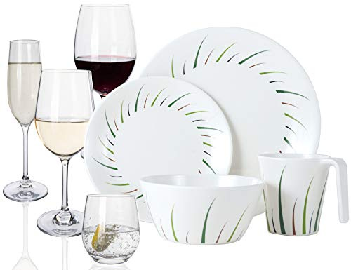 Melamin campingservis set 4 personer limondesign 16 delar 16 glas vatten vinglas champagne servis picknick BBQ köksredskap