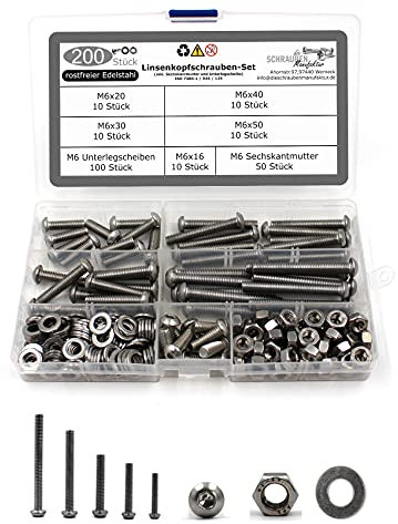 200 teiliges Set aus Linsenkopfschrauben mit Innensechskant nach Norm ISO 7380-1 + Sechskantmutter DIN 934 und Unterlegscheibe DIN 125 Edelstahl Größe M6