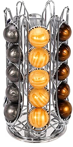Vinsani 30 Coffee Pod Holder for Nespresso Vertuo Vertuoline Pods Capsules Rotating 6 Capsule Stand Pods Storage Rack Stand Large Capacity Revolving Storage Organiser – Chrome