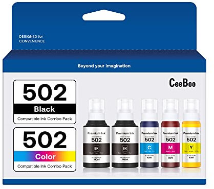 CEEBOO Compatible Ink Bottle Replacement for Epson 502 (Not Sublimation Ink), Use for ET-2850 ET-3830 ET-3850 ET-2760 ET-3760 ET-15000 printer, 2 Black,Cyan,Magenta,Yellow, High Capacity 5 Bottles