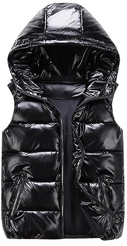 GIBZ Men's Puffer Vest Shiny Hooded Down Jacket Warm with Zipper Pockets Sleeveless Outerwear Casual for Winter, Black, XL