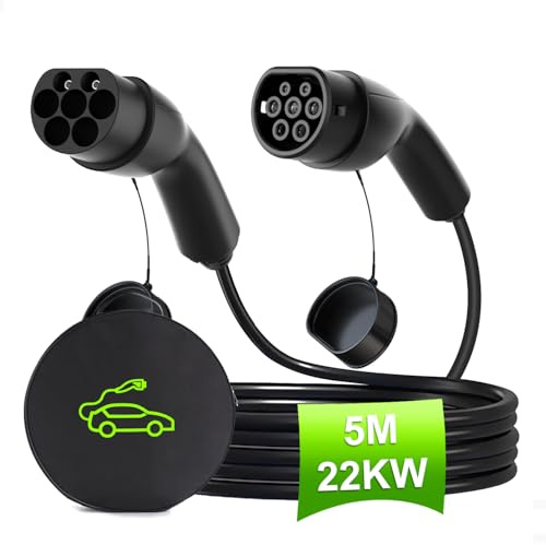 Aiskooc Cable de Carga EV con Bolsa de Almacenamiento, Cable de extensión del Cargador EV Mode 3 Tipo 2 a Tipo 2, Cable de Carga para automóvil eléctrico de 22KW 32A 5M para EV y PHEV