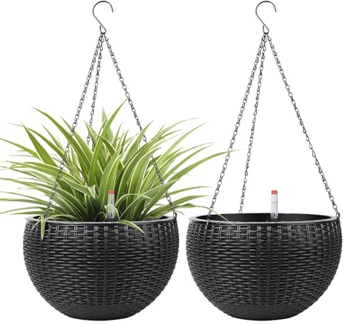 CPROSP 2pcs 28cm Vasi da Fiori Autoinnaffianti, Vasi da Fiori Sospesi con Foro di Scarico e Catene Antiruggine, Fioriera Sospesa per Esterni Auto-innaffiatura per Esterni, Soffitti, Balconi Nero