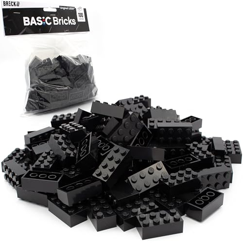 Lego 2 x 4 klossar klassiska, förpackning med 100 – individuella byggklossar i storpack, för Lego-platta och låda, startset, grundklossar (3001) (svart)