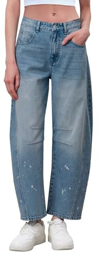Jeans Boyfriend Corti Larghi a Gamba Larga a Vita Media alla Caviglia Pantaloni in Denim da Donna Baggy Barrel Jeans con Tasche Jeans a Palloncino a Ferro di Cavallo Jeans 7/8 Jeans Larghi Pantaloni