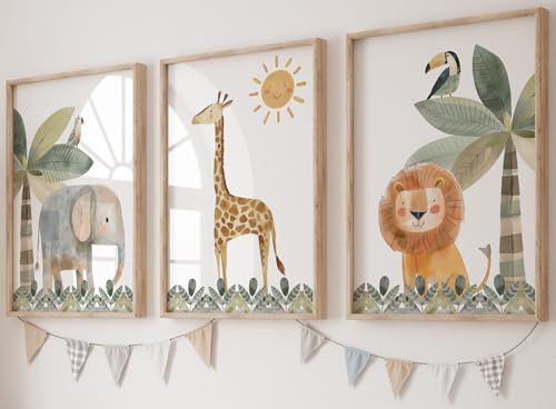 Eviepops Prints Animales del Safari Set de 3 Láminas Sin Marco para Habitación de Niño o Niña, Pósters de Arte de Pared para Decoración de Dormitorio, Elefante León Jirafa, Hojas de la Selva (A3)