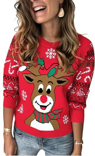 Marvmys Jersey Navideño Mujer Invierno Navidad Ugly Sweater Manga Larga Suéter Ropa Punto Reno Monigote Nieve Cuello Redondo A-Rojo L