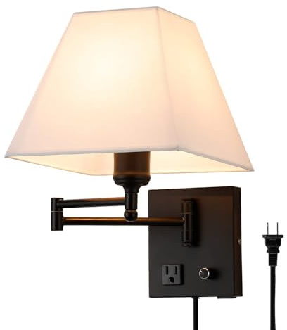 GZZBMY Innen Wandlampe mit Schalter Drehbare Verstellbar Schwenkarm Wandleuchte mit Stecker Nachttischlampe mit Kabel Weiß Stoff Schirm Wandleuchtung E27 Schlafzimmer Wohnzimmer (Schwarz)
