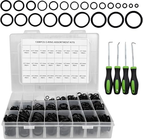1308 Stück O Ring Sortiment Set, 24 Größen Gummi Dichtungsringe, Nitrilkautschuk Dichtringe mit Pick und Hook Kit für Elektrische & Hydraulische Anwendungen, Öl-, Säure- und Hitzebeständig