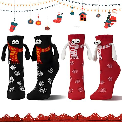 Julstrumpor med händer, julstrumpor roliga 3D, unisex strumpor, fritidsstrumpor, vänskapsstrumpor för kvinnor, män, partner, barn presentidé, 2 par svarta + röda, 28-32