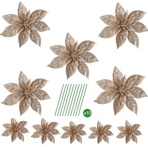 TRIXES Lot de 10 Fleurs artificielles de Poinsettia à Paillettes Champagne, décorations pour Sapin de Noël et couronnes, 2 Tailles Assorties