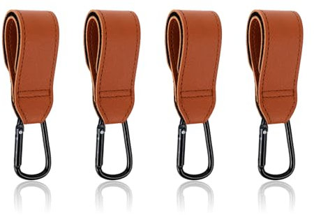 GADITIEK 4 Stück Kinderwagen Haken für Taschen, Leder Kinderwagenhaken für Wickeltaschen，Universelle Kinderwagen Zubehör，Klettverschluss Kinderwagen Haken (Braun)