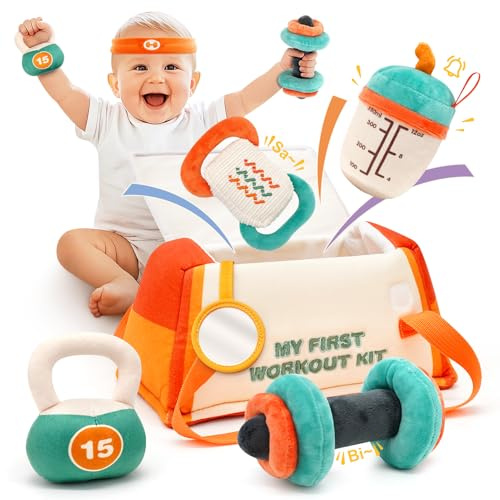 Vanplay Baby Toys 6-12 Months - Fitness Themed Sensory Rattle Set - Multicoloured Plush & Polypropylene Cotton