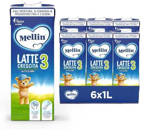 Mellin 3 - Latte di Crescita Liquido per Bambini dal 1° anno compiuto al 2° anno, Pronto all'uso - Formato Convenienza da 6 litri (6x1L)