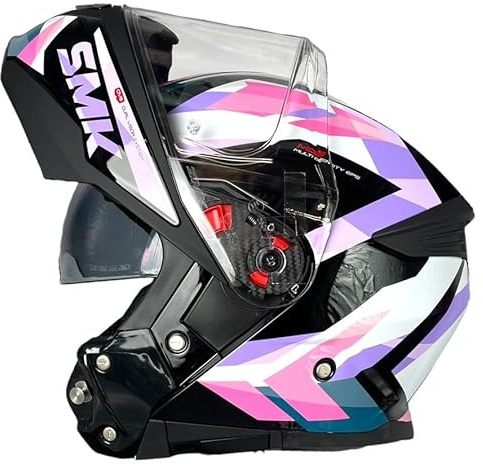 SMK Helmets Casco Modular GULLWING Charger Negro y Rosa Homologación 22.06 con Doble Visor P/J (S 55/56)