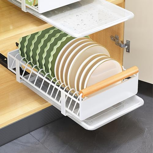 Glorlliant Telescopic Drawer, Extendable Drawer Organiser, Pull-Out Kitchen Cabinet Organiser, Kitchen Dish Drainer with Drip Tray for Kitchen & Living Room, No Drilling, White, 26 x 41 x 13 cm