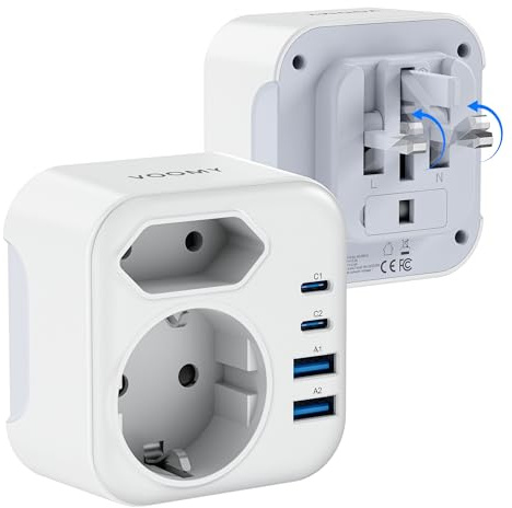 Voomy Adattatore da Viaggio per Regno Unito, Irlanda, Scozia, Malta, EAU, 100–250V~ 15A Max, Pieghevole, Materiali Ignifughi Tipo G