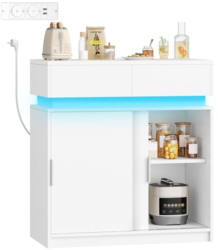 Hzuaneri Credenza Cucina, Mobile Cucina con 2 Cassetti, 2 Ante Scorrevoli, Presa Elettrica e Illuminazione a LED, Ripiani Regolabili, stile Moderno, per Cucina, Soggiorno, 40 x 80 x 85 cm, Bianco