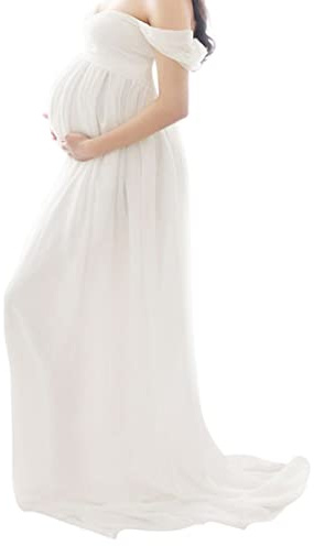 NIDONE Robe de maternité en Mousseline de Soie pour Femme, épaules dénudées, Photographie, Robe Maxi, Grossesse, Blanche, XL
