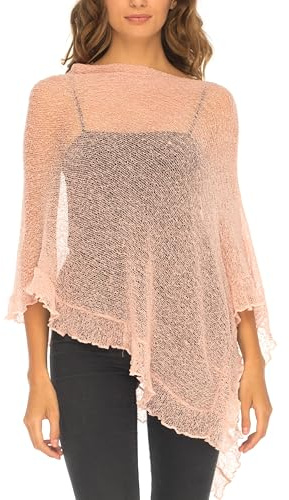 SHU-SHI Womens Sheer Poncho räffla lätt stickad med volanger en storlek passar de flesta