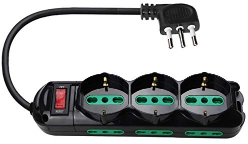 EXTRASTAR Ciabatta Elettrica Multipresa Protetta,Surge Arrest,con interruttore automatico di protezione,Spina 10 A,Prese 3 Italiana/Tedesca e 6 Bipasso 10/16A, Nero,Cavo da 1.5m.