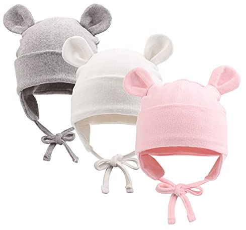 Pesaat Baumwolle Erstlingsmützen 0-12Monate Baby Mütze Neugeborene Mädchen Jungen Baby Beanie Newborn Mütze Mit Ohren und Band,Sommer,Frühling,Winter(Weiß+Grau+Rosa,0-6Monate)
