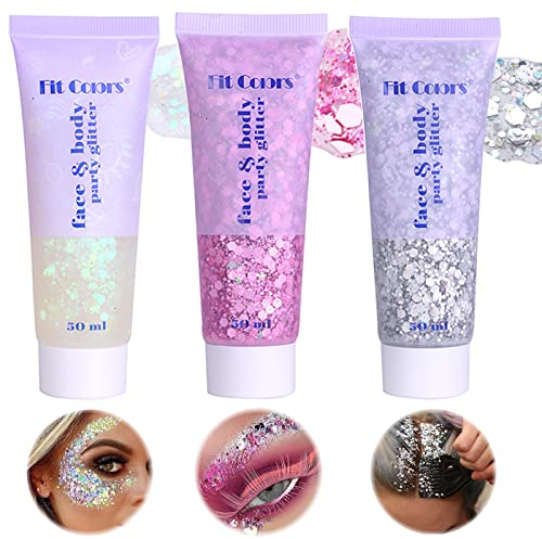 Miioto Gel Paillettes Visage,Paillette Cheveux Visage,Maquillage Paillette Paillettes Corps,Sequins Glitter pour Cosmétique Visage Lèvres Ongles Festival Fête Maquillage Décoration 3 Couleurs (A)