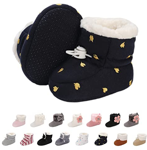 Baby Winter Warm Fleece Bootie, Newborn Non-Slip Soft Sole Winter Shoes Sock Shoes Cute Adjustable Crawling Shoes Prewalker Boots for Girls Boys Toddler 0-18 Months Marine 12-18 Months
