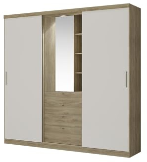 Venta-Unica - Armario BODIL - Puertas correderas - Espejo y cajones - L.240cm - Roble y Marfil