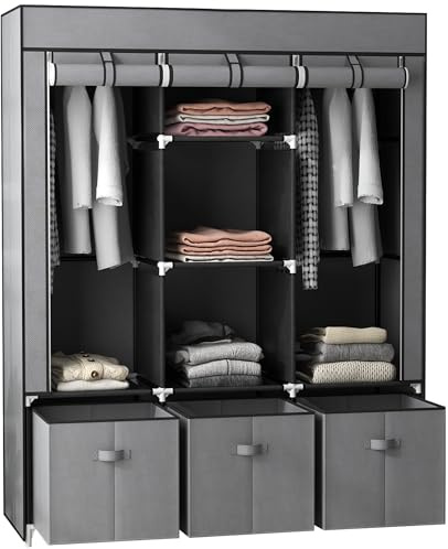 HOMCOM Fabric Wardrobe for Bedroom, Portable Wardrobe with 5 Shelves, 2 Hanging Rails and 3 Fabric Drawers, Foldable Closet, 125 x 43 x 162.5cm, Dark Grey