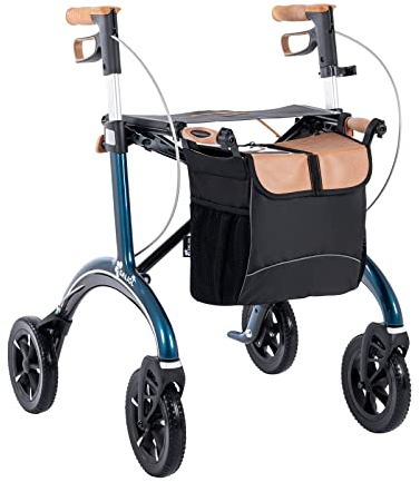 Saljol Carbon Rollator in Vollausstattung, 5,6 kg Leichtgewichtrollator mit Sitz, Rückengurt, Tasche, Stockhalter, Klingel und LED-Licht | faltbare Outdoor-Gehhilfe, Sitzhöhe 62 cm, Blau