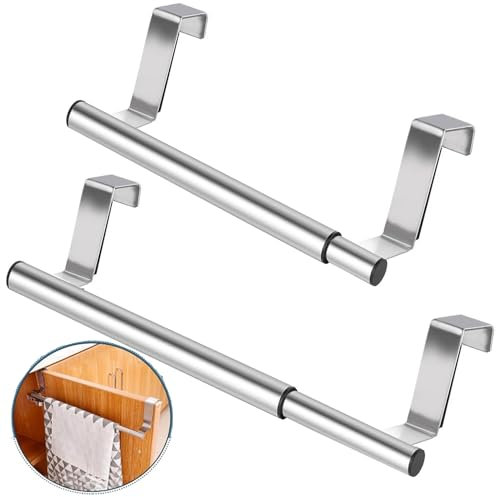 2 Pezzi Porta Asciugamani da Cucina e Bagno, Appendibile in Acciaio Inox, Senza Foratura, Estensibile 25-40 cm (Argento)