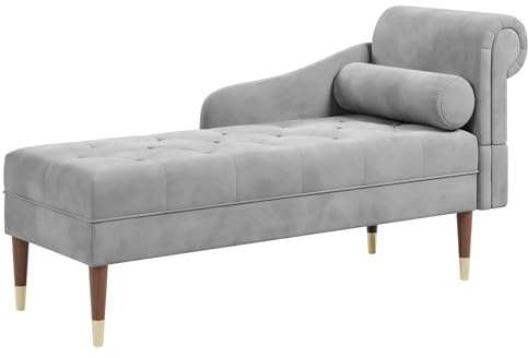 Vesgantti Velvet Chaise Longue Indoor, Lounge Sofa with Right Armrest and Lumbar Pillow, Upholstered Chaise Lounge for Living Room Bedroom and Office, Tool-free Assembly(Grey)