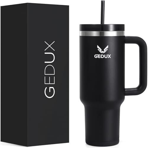Gedux Trinkflasche mit Strohhalm 1.2L - Thermobecher mit Henkel auslaufsicher - Doppelwandige Vakuumisolierung - Thermobecher mit StrohhalmSpritzwassergeschützter Deckel