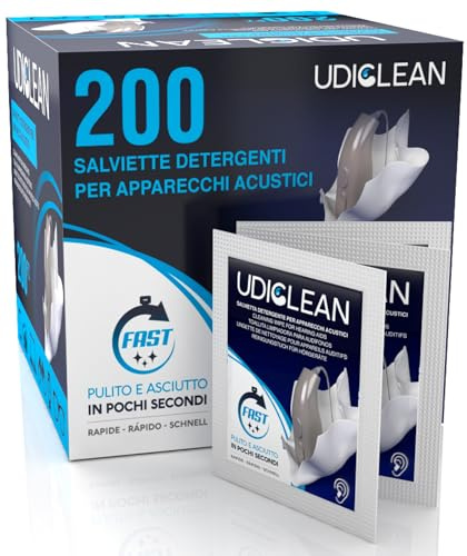 200 einzeln verpackte angefeuchtete Udiclean-Reinigungstücher für Hörgeräte und Cochlea-Implantate Schnell trocknende Tücher entfernen Fett, Schweiß und Schmutz