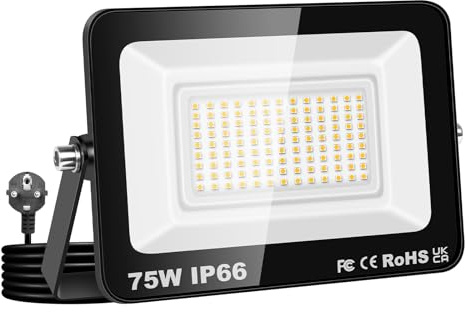 Willpower Faretto LED esterno interno proiettore LED 75 W 7,500 LM faretti di luce 3000 K bianco caldo IP66 luce di inondazione illuminazione per garage cortile giardino terrazza parco lavoro con