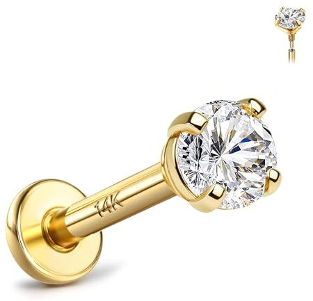 GEMQUEEN 14K Solid Gold Flat Back Earring Hypoallergenic - 18G Cartilage Tragus Conch Helix Medusa Piercing Jewelry Extend Internal Thread Labret Lip Nose Stud for Women Men Simulated Diamond CZ 3mm