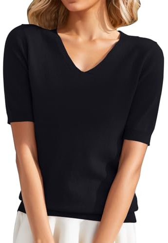 Chanpning Pull à Manches Courtes pour Femme - Tricot Fin - Col v - Léger - Stretch - Couleur Unie- Chemisier Basique - Printemps Été -Pull Femme Chic Et Elegant