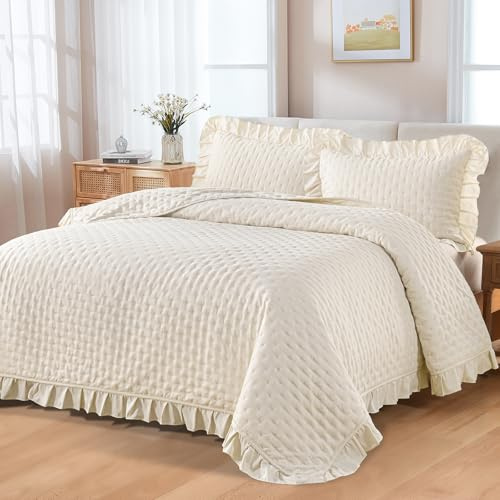 WONGS BEDDING Tagesdecke 220x240 Bettüberwurf Beige Decke Steppdecke 3 Teilig Doppelbett Gesteppt Bettdecke Vielseitige Wohndecke mit 2 Kissenbezug 50x75 für Schlafzimmer als Sofaüberwurf