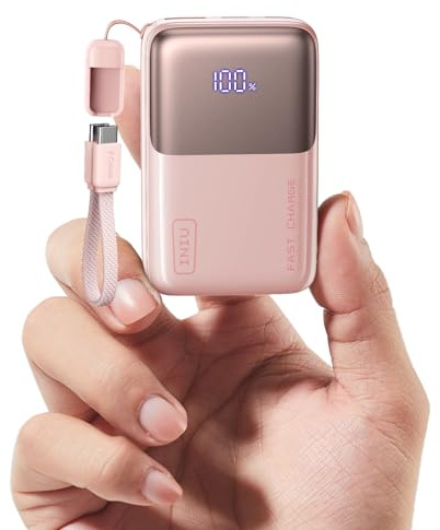 INIU Power Bank, Ultra Mini 45W Carga Rápida 10000mAh Bateria Externa con Cable USB C Desmontable, Apto para Avión & Esenciales de Viaje, Bateria Portatil para iPhone 17 16, Xiaomi, Rosa Claro