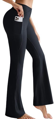 RUNNING GIRL Womens Ribbed V Crossover High Waist Yoga Pants Flare Leggings for Women with Side Pockets CK3123_Black_L