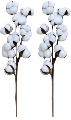 Decoración de ramo de algodón - 2 tallos de algodón artificial con flores secas, estilo rústico de casa de campo, ramas de algodón sintético para mesa, jarrón de boda, cafetería, sala de estar