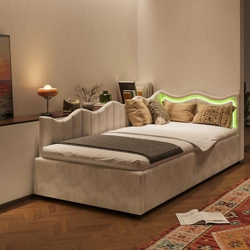 LIVLUX Canapé-lit sommier rembourré 90x200, lit simple avec éclairage LED et espace de rangement hydraulique, sommier avec lattes, lit de jour, lit pour adolescent, sans matelas (Beige, 90x200 cm)